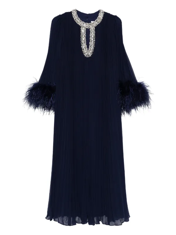 Self-Portrait Feather-Cuff Pleated Maxi Dress - Blue