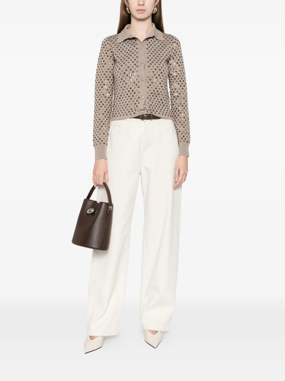 Max Mara Embellished Collared Cardigan In Brown
