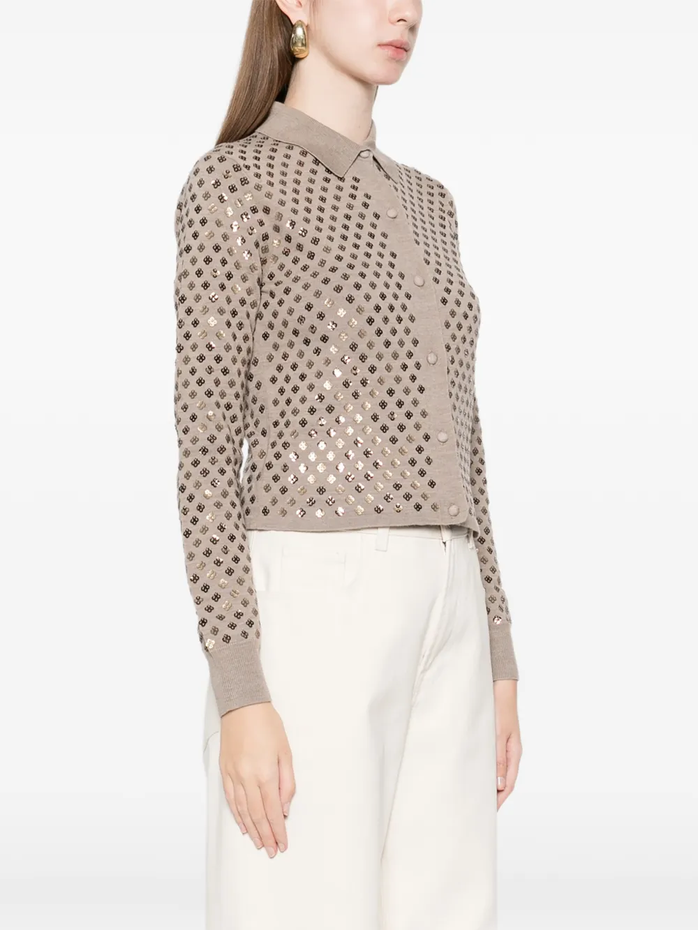 Max Mara Embellished Collared Cardigan In Brown