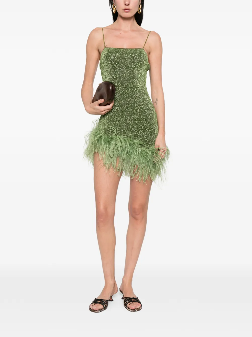 Oséree Mini jurk met veren afwerking Groen