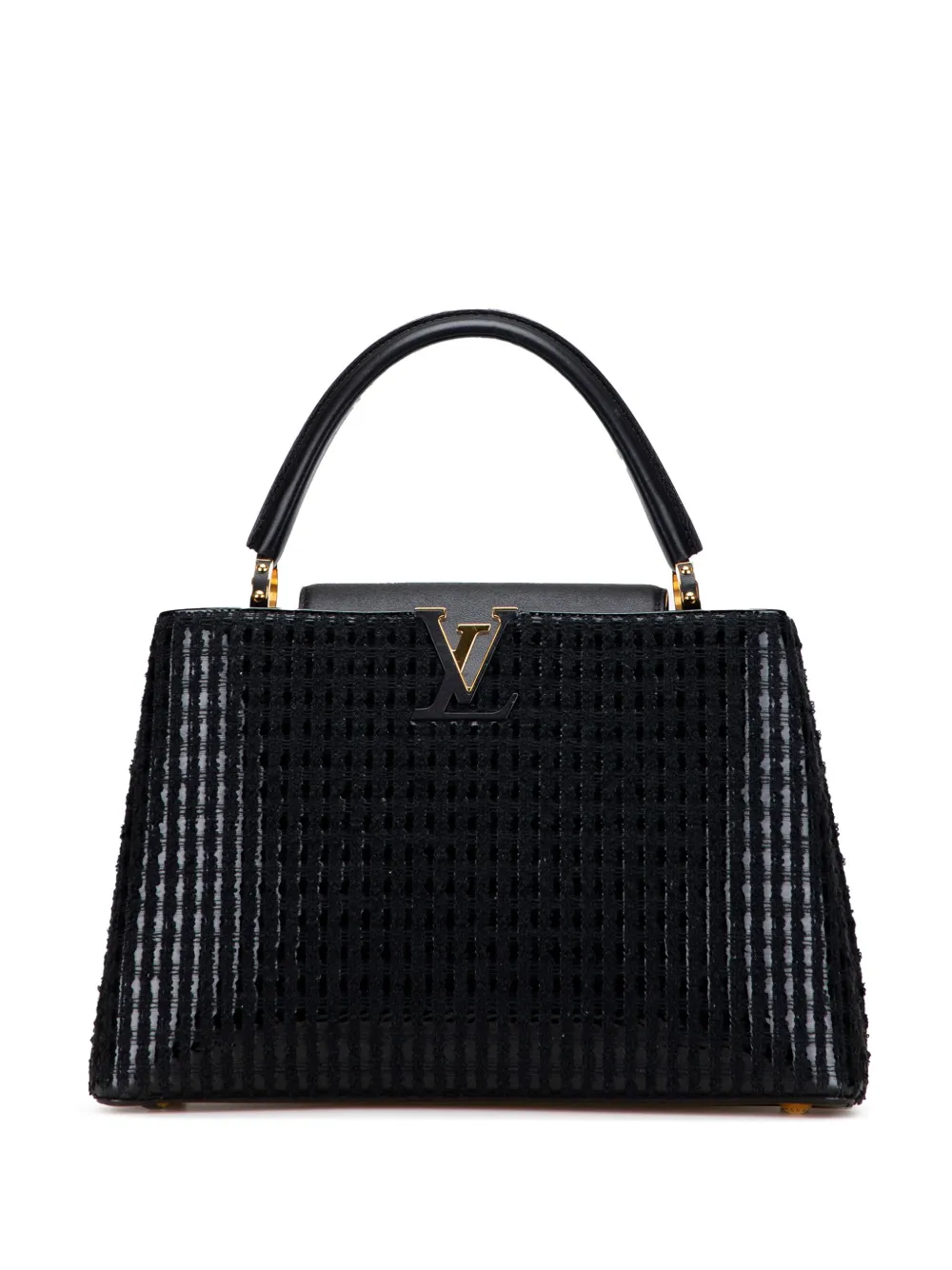 Pre-owned Louis Vuitton 2015 Tweed Capucines Mm Satchel In Black