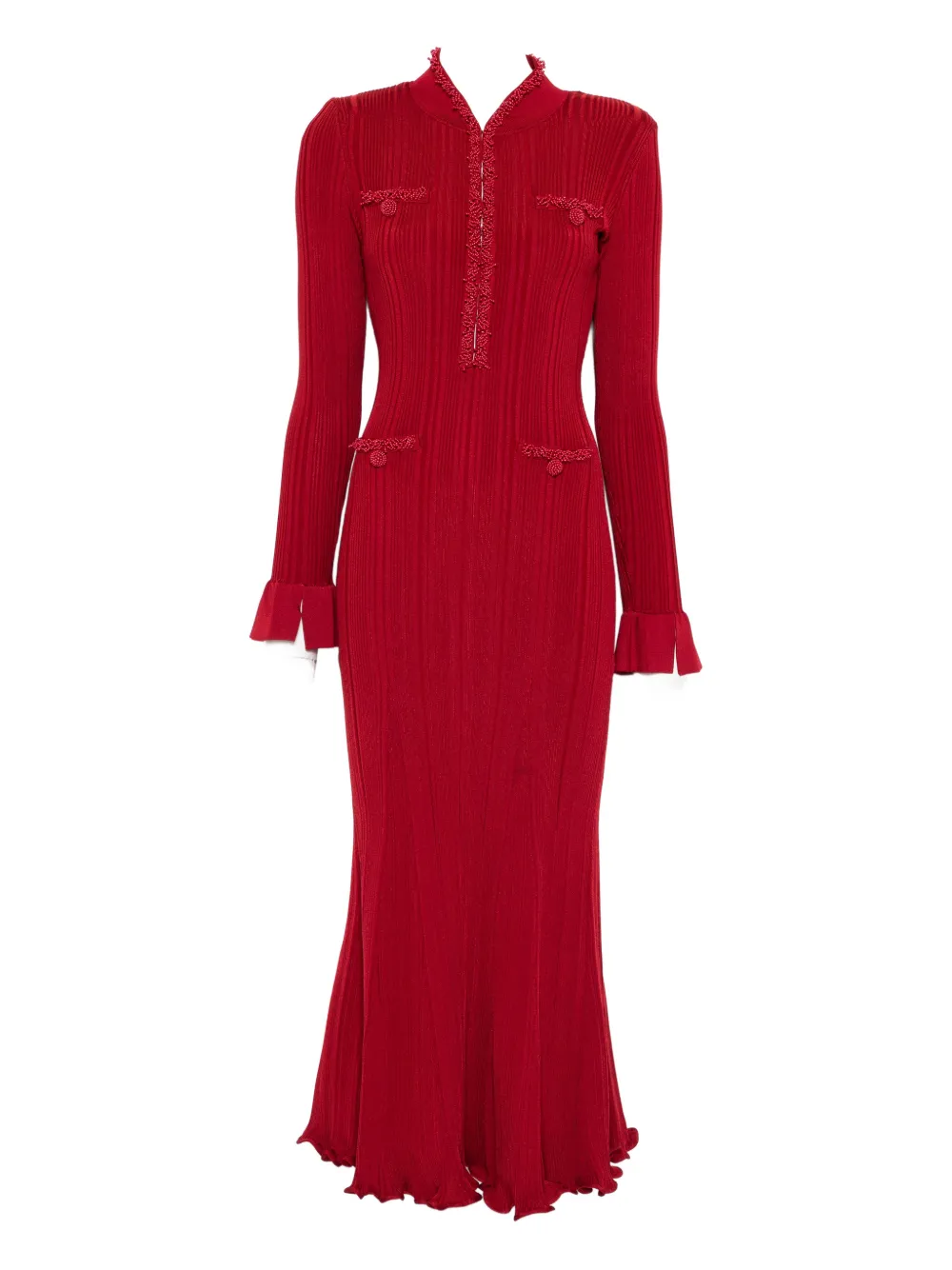 Self-portrait Beaded-trim Ribbed Midi Dress In Red