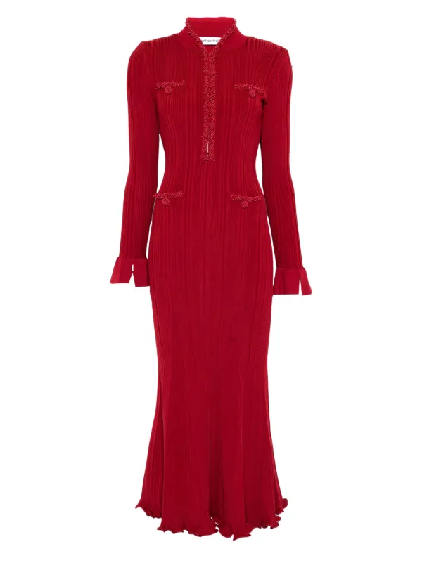 Self-Portrait beaded-trim Ribbed Midi Dress | Red | FARFETCH GE Self-Portrait beaded-trim Ribbed Midi Dress | Red | FARFETCH GE