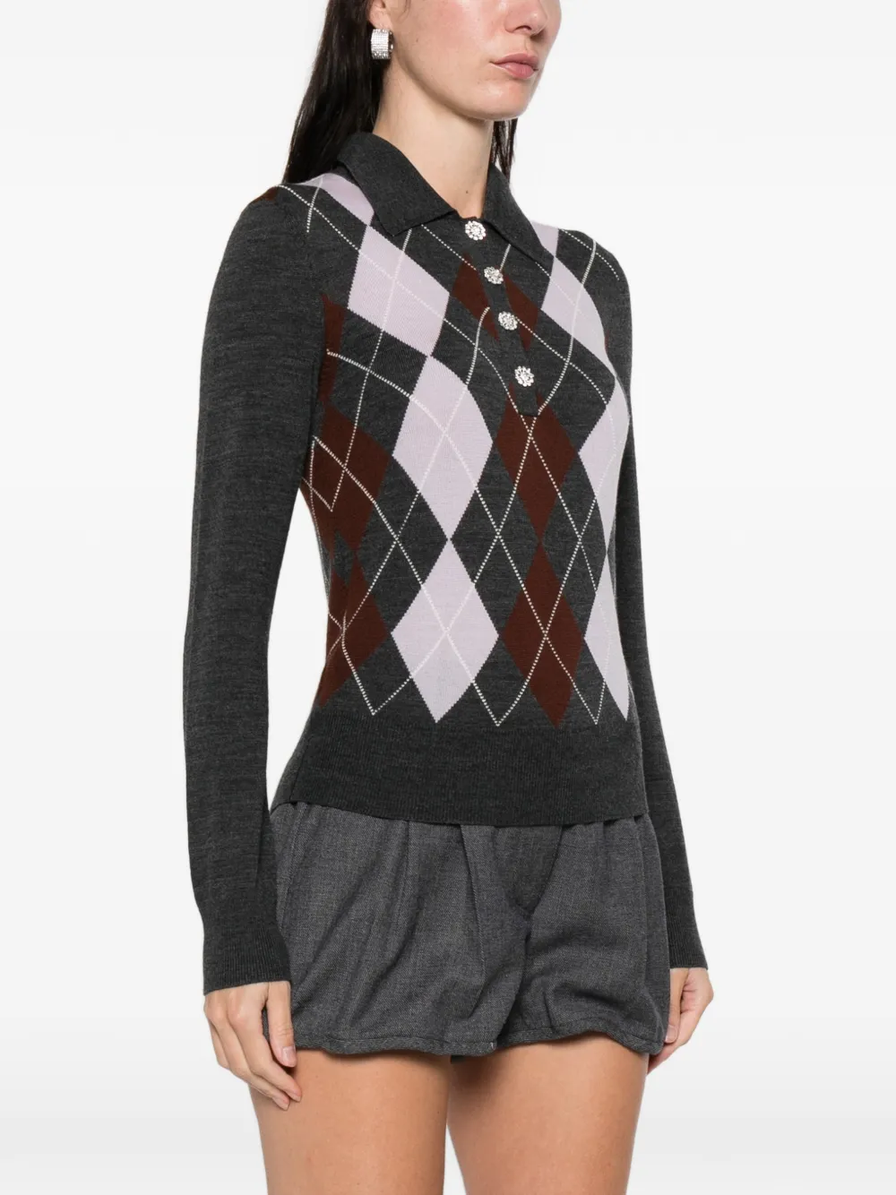  Self-portrait Argyle Button Polo Top - Grey 