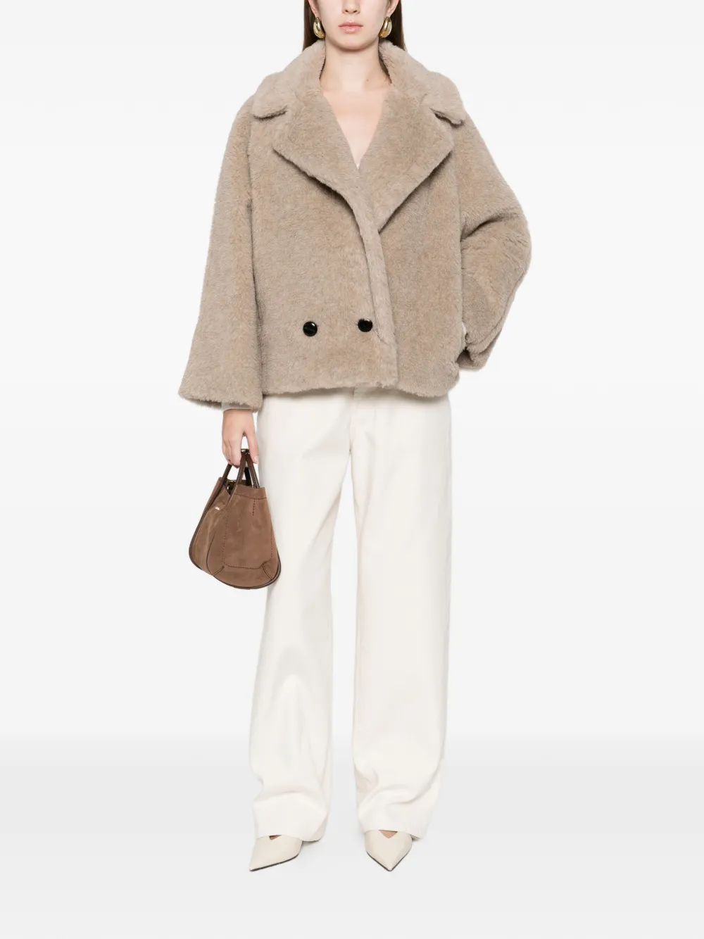 Max Mara Wide Lapel Double-breasted Short Coat In Brown