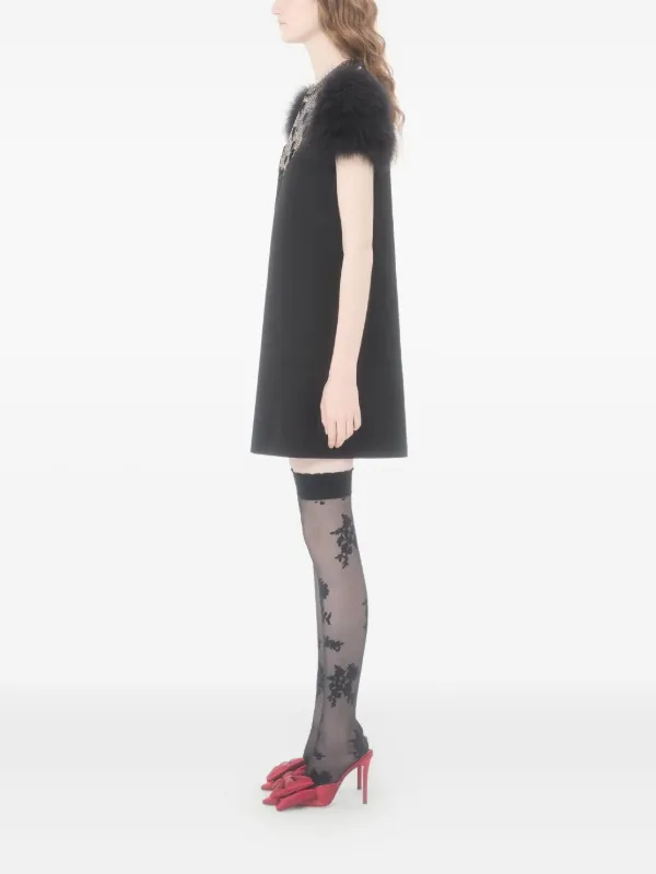 Valentino Short Crepe Couture Dress With Feathers Woman Black 38