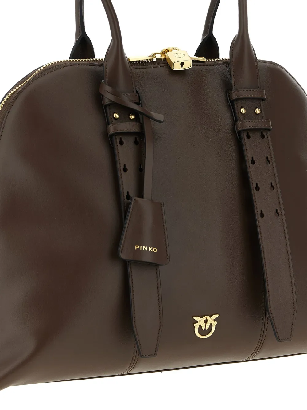 Pinko Escape Love Birds Logo Leather Bowling Maxi Tote Bag In Brown