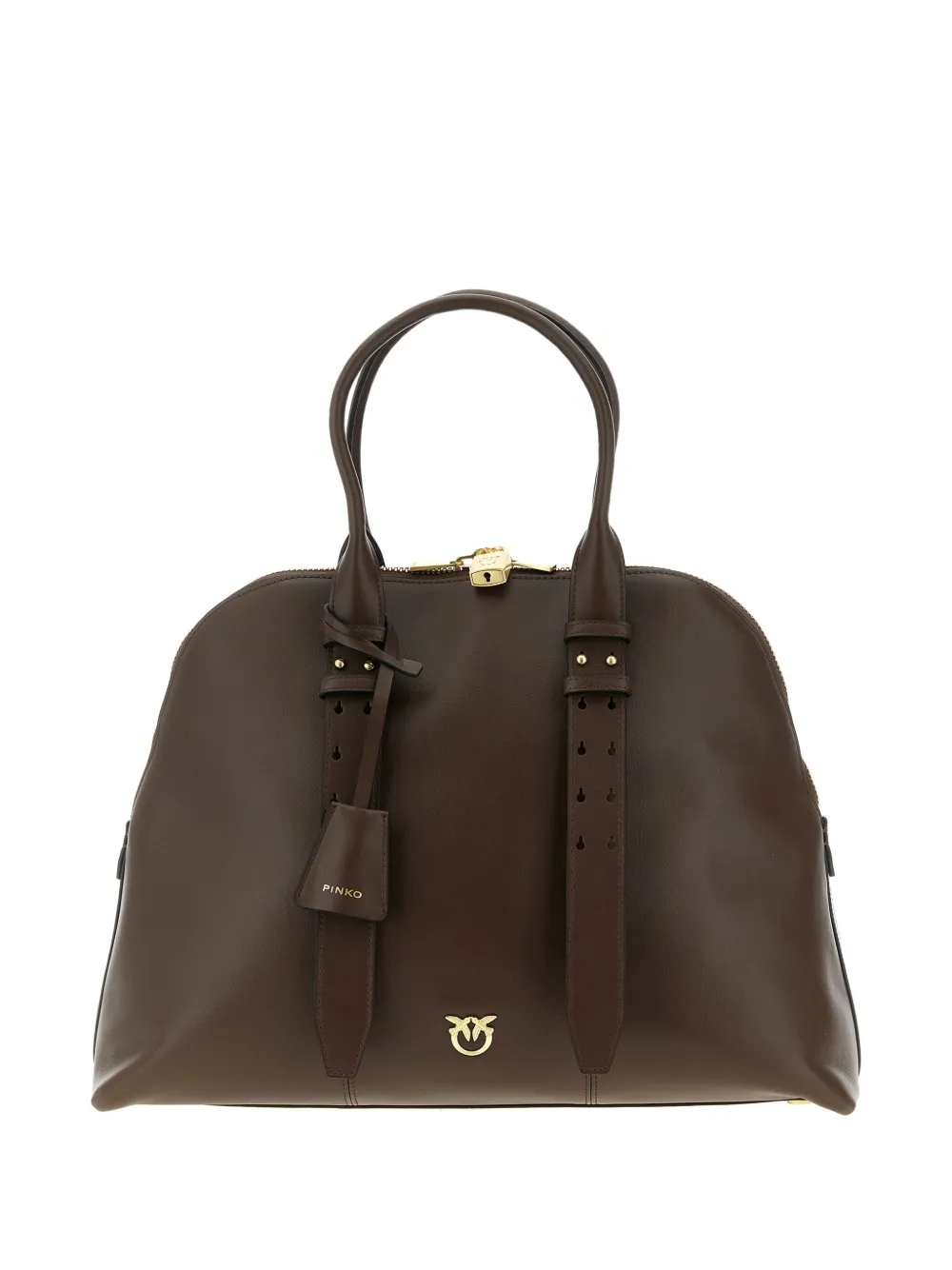 Pinko Escape Love Birds Logo Leather Bowling Maxi Tote Bag In Brown