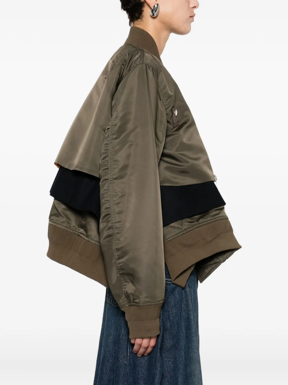 Sacai Cropped Bomber Jacket With Zip And Pockets In Green