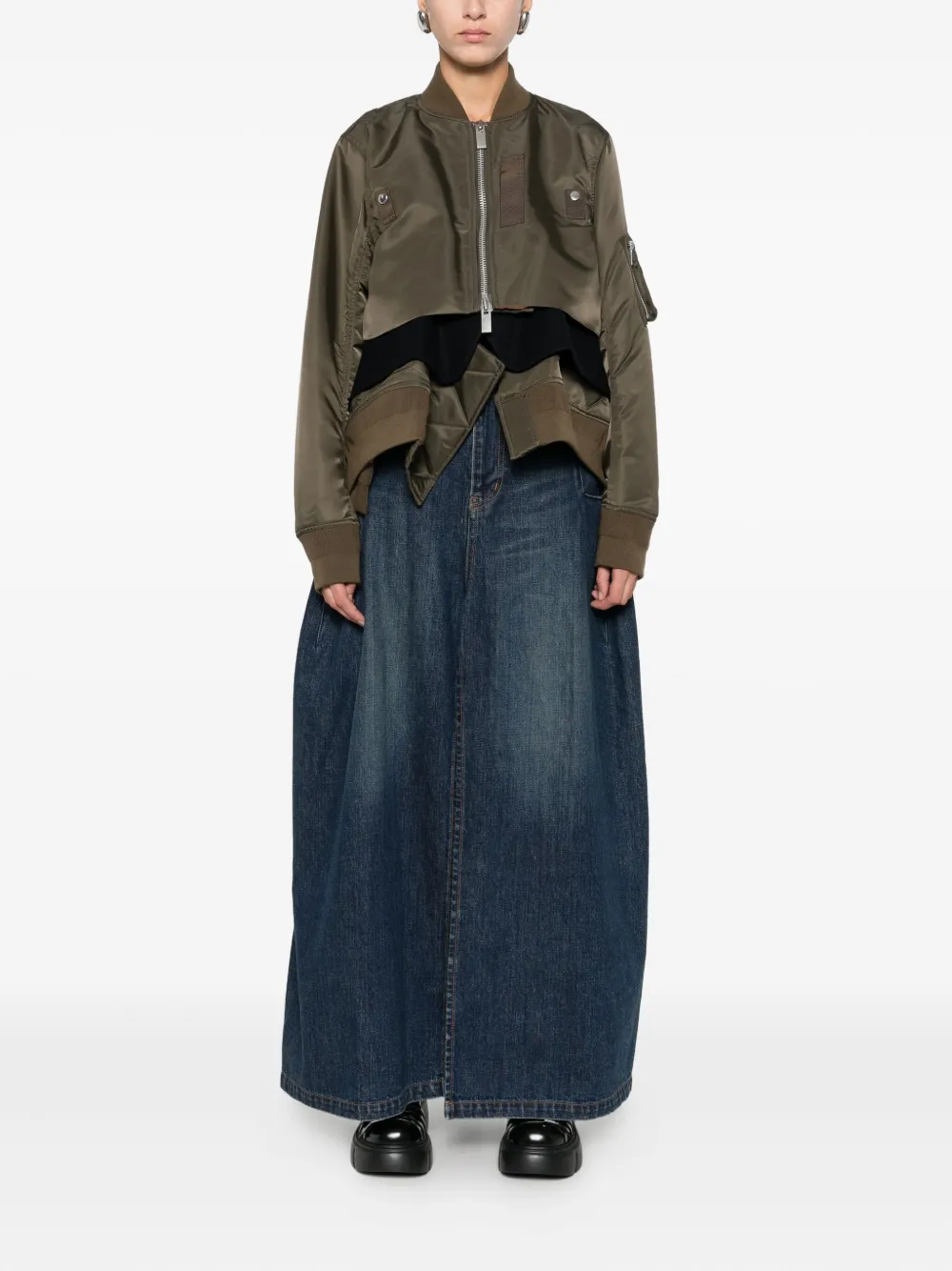 Sacai Cropped Bomber Jacket With Zip And Pockets In Green