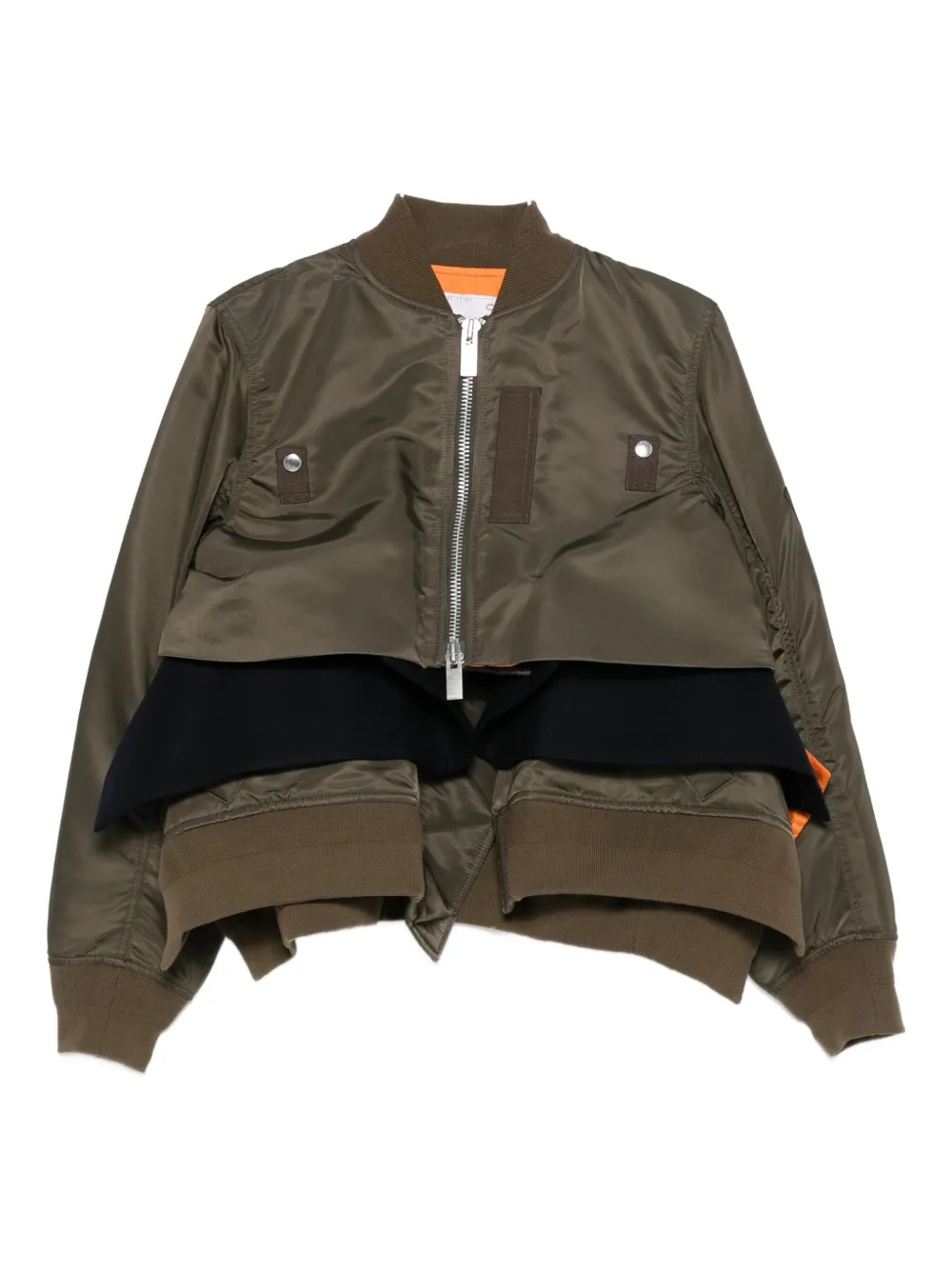 Sacai Cropped Bomber Jacket With Zip And Pockets In Green