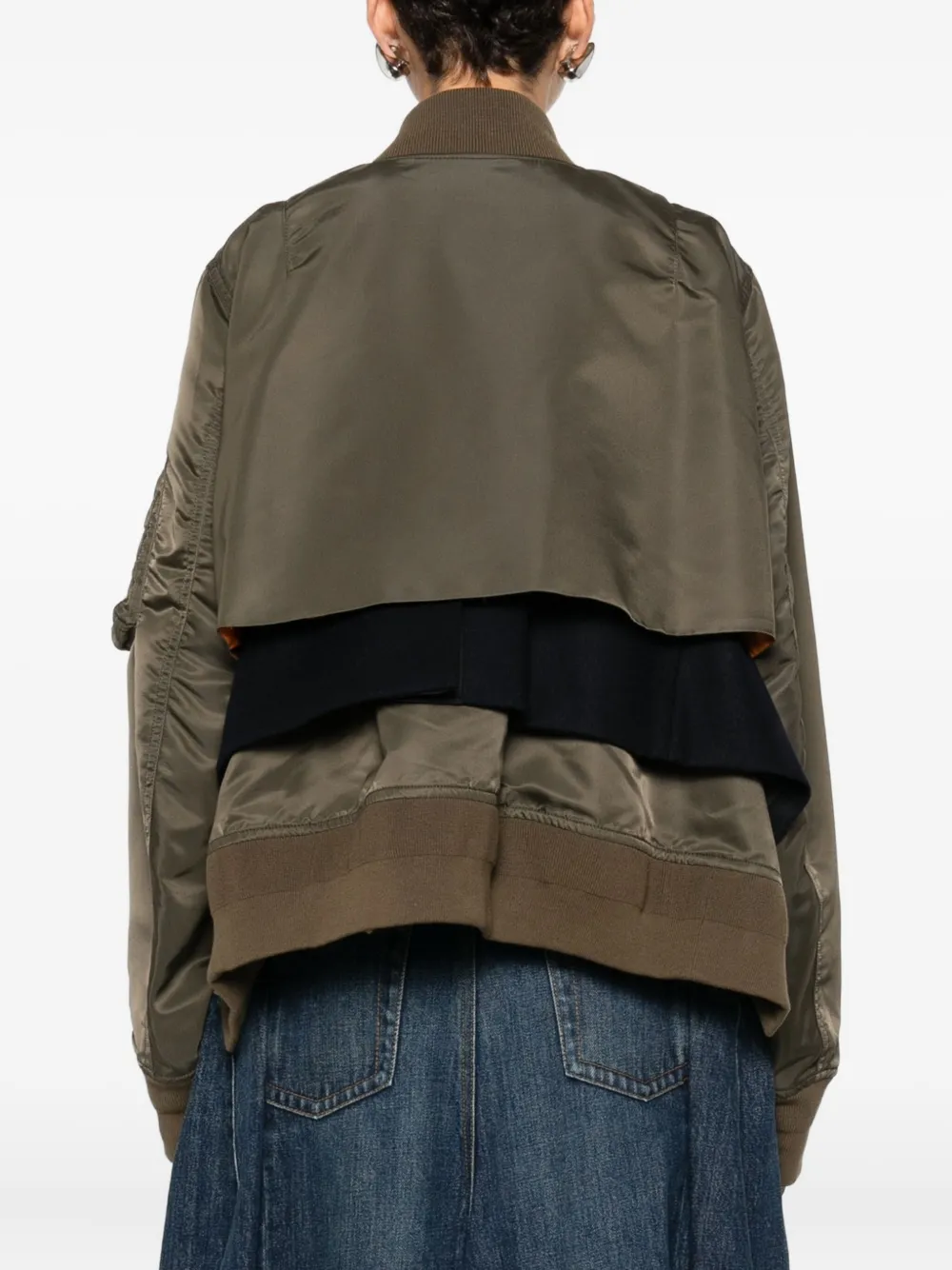 Sacai Cropped Bomber Jacket With Zip And Pockets In Green