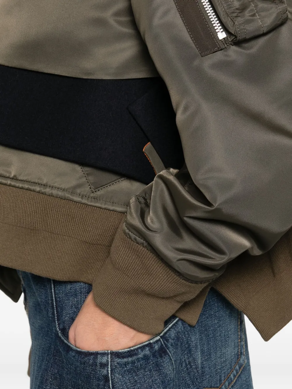 Sacai Cropped Bomber Jacket With Zip And Pockets In Green