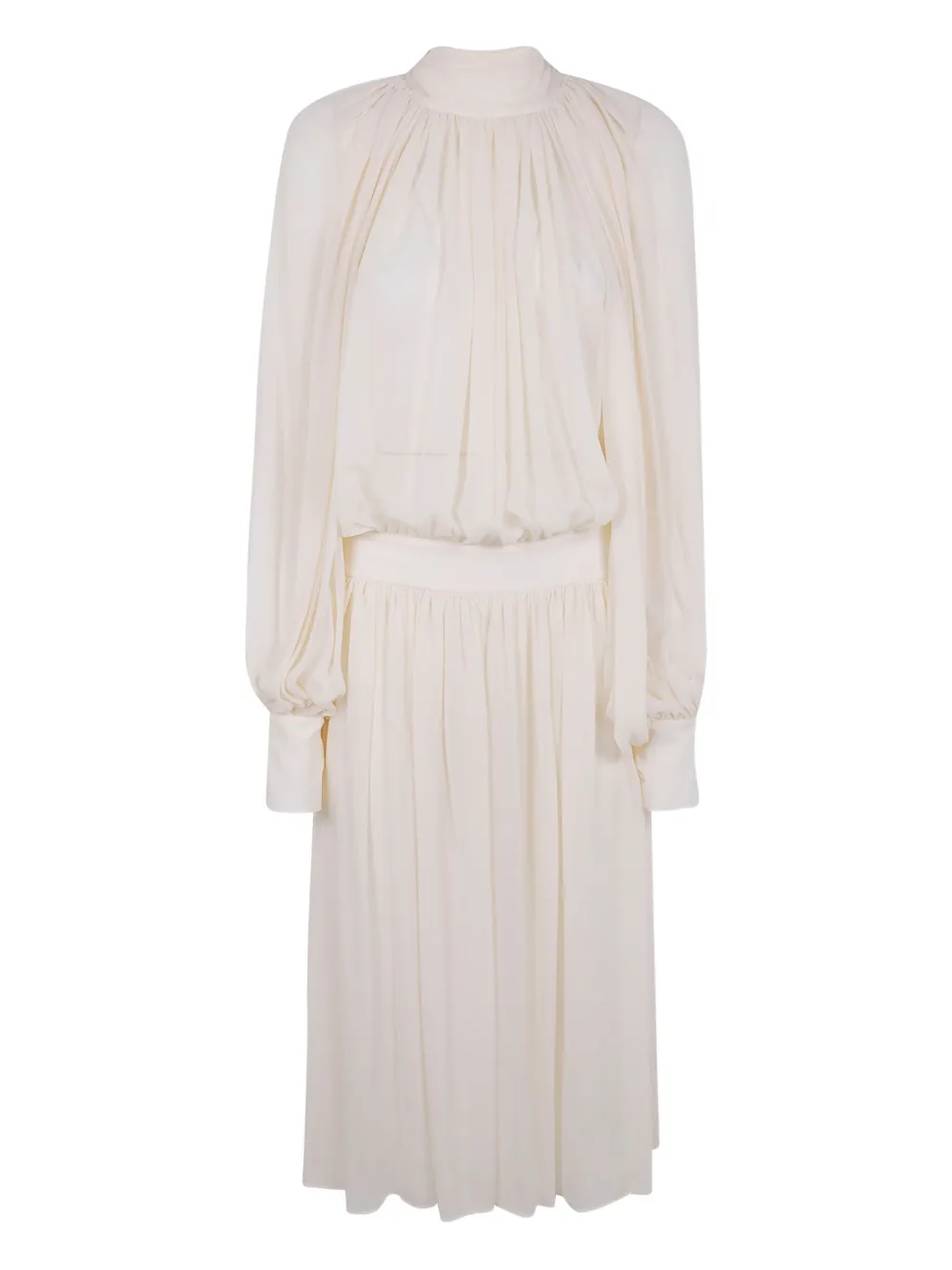 Semicouture Pleated Long Sleeve Dress With Bow Detail In Neutral