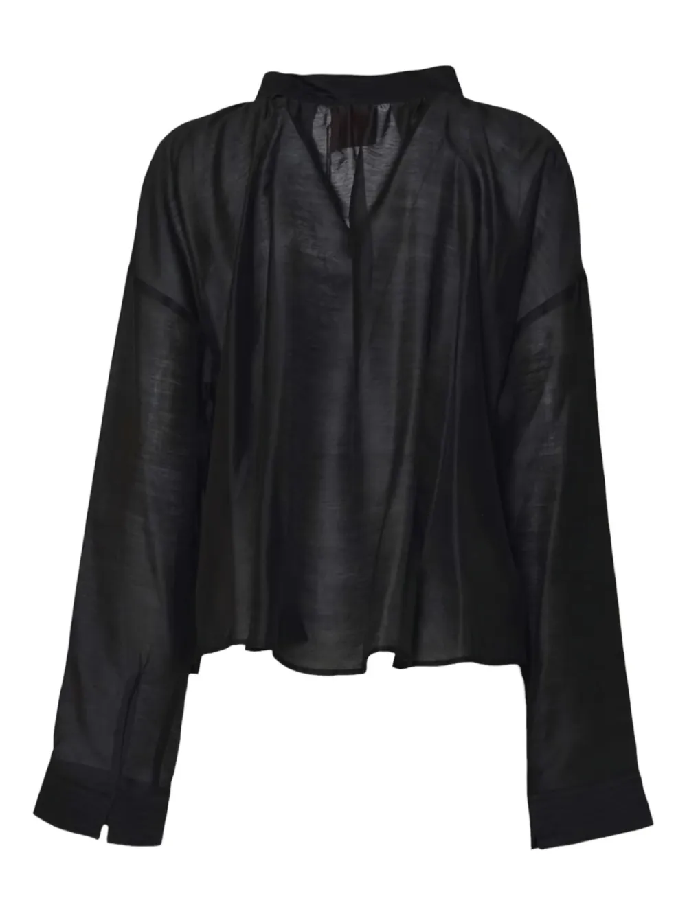 Merci Loose-fit Black Blouse With Deep V-neckline And Wide Placket In Black