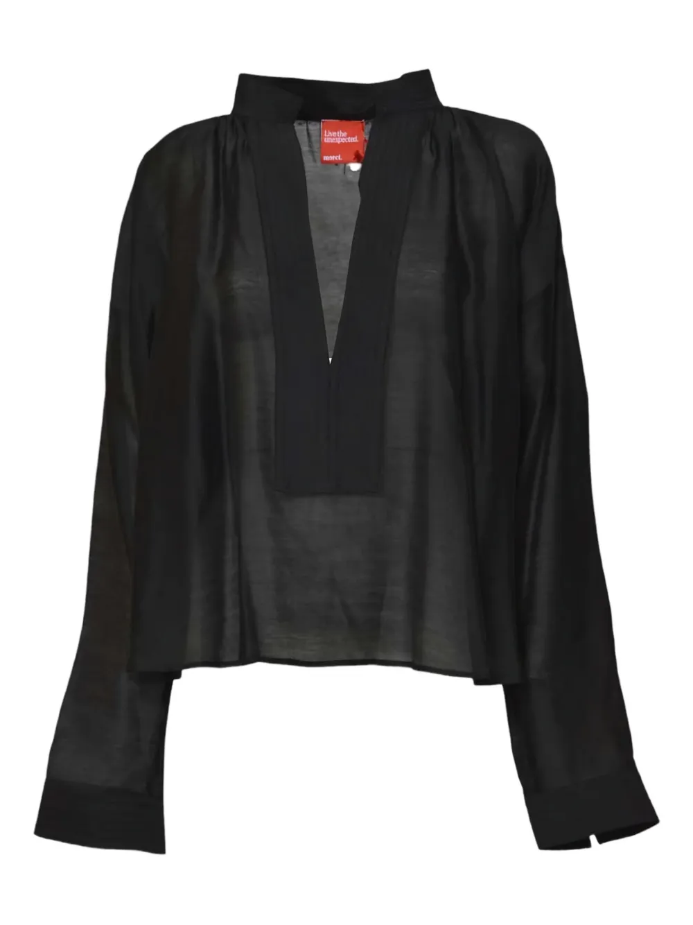 Merci Loose-fit Black Blouse With Deep V-neckline And Wide Placket In Black