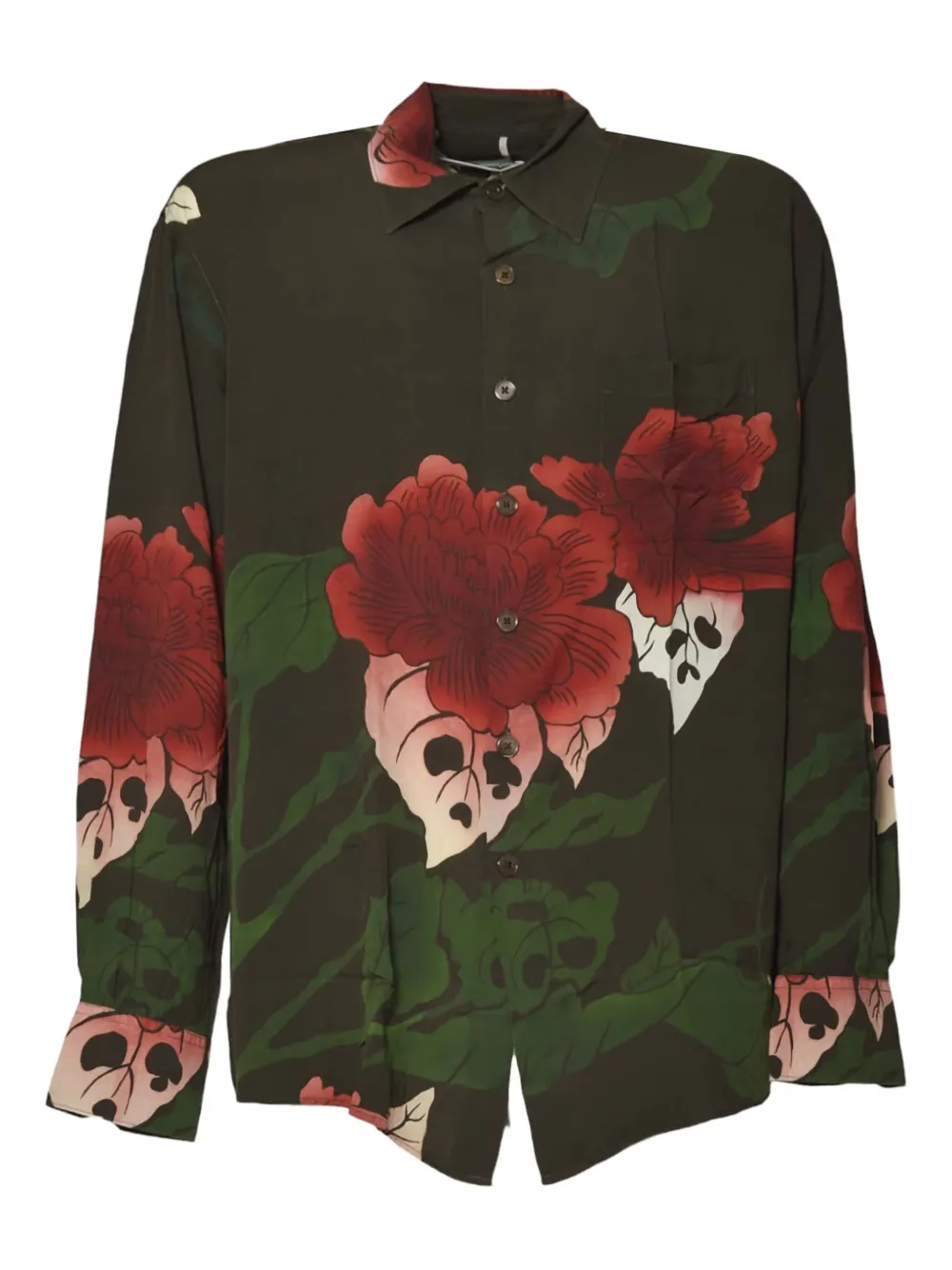 Our Legacy Dark Green Floral Print Long-sleeve Button-up Shirt In Green