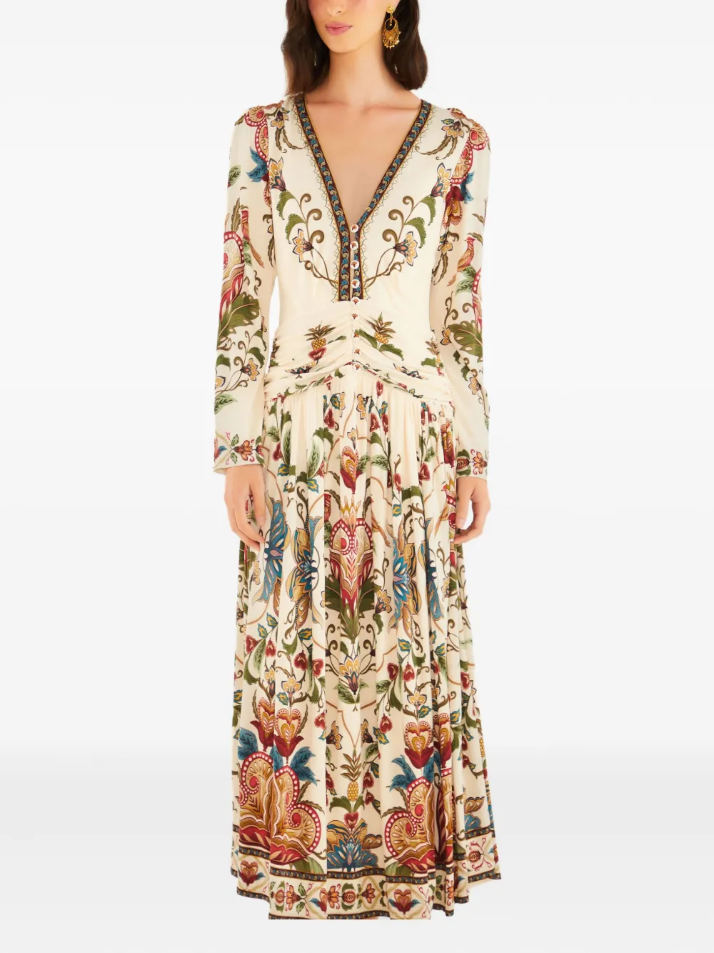 FARM Rio V-neck floral~print midi dress - Beige