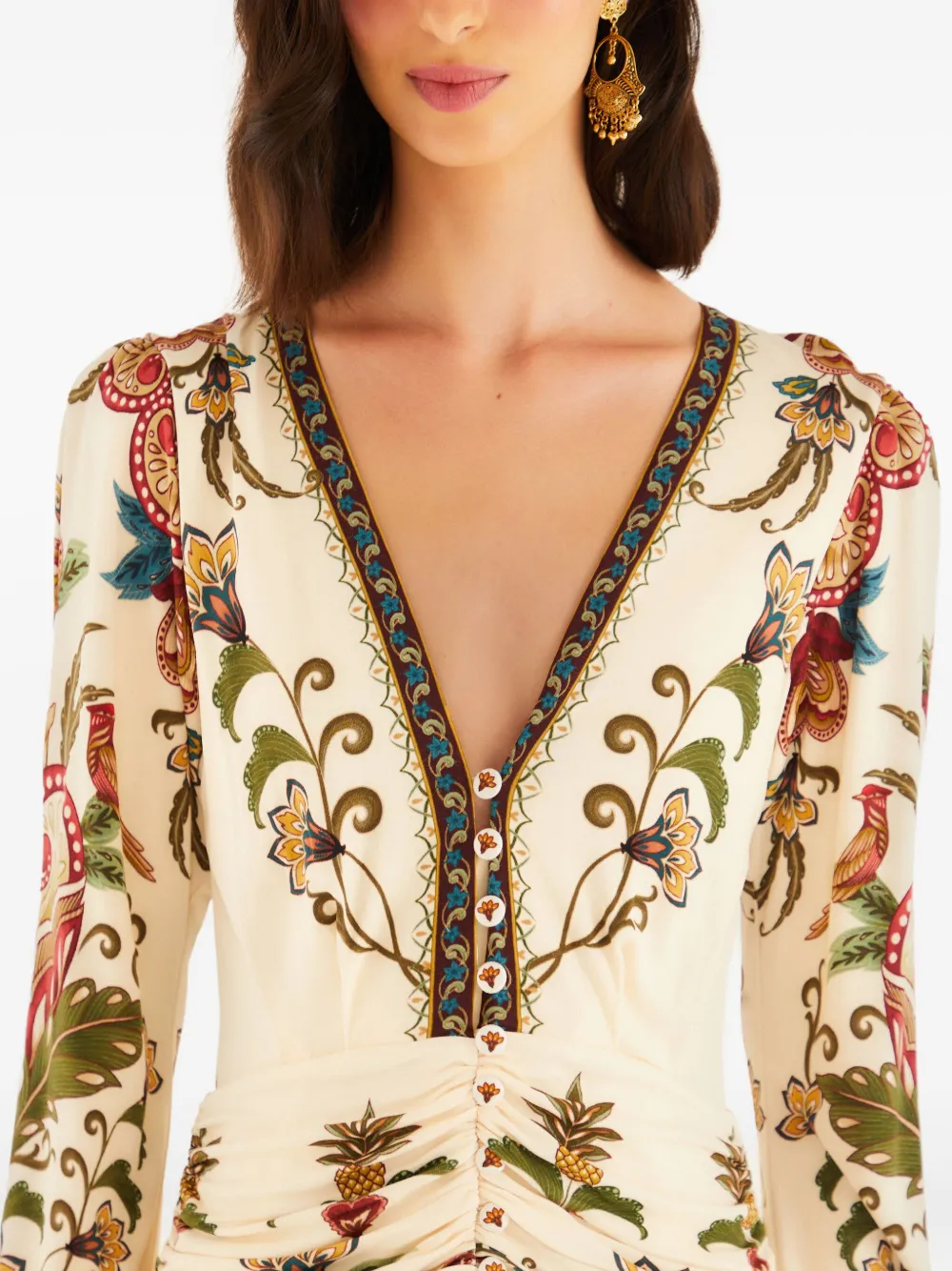 FARM Rio Midi-jurk met bloemenprint en V-hals Beige