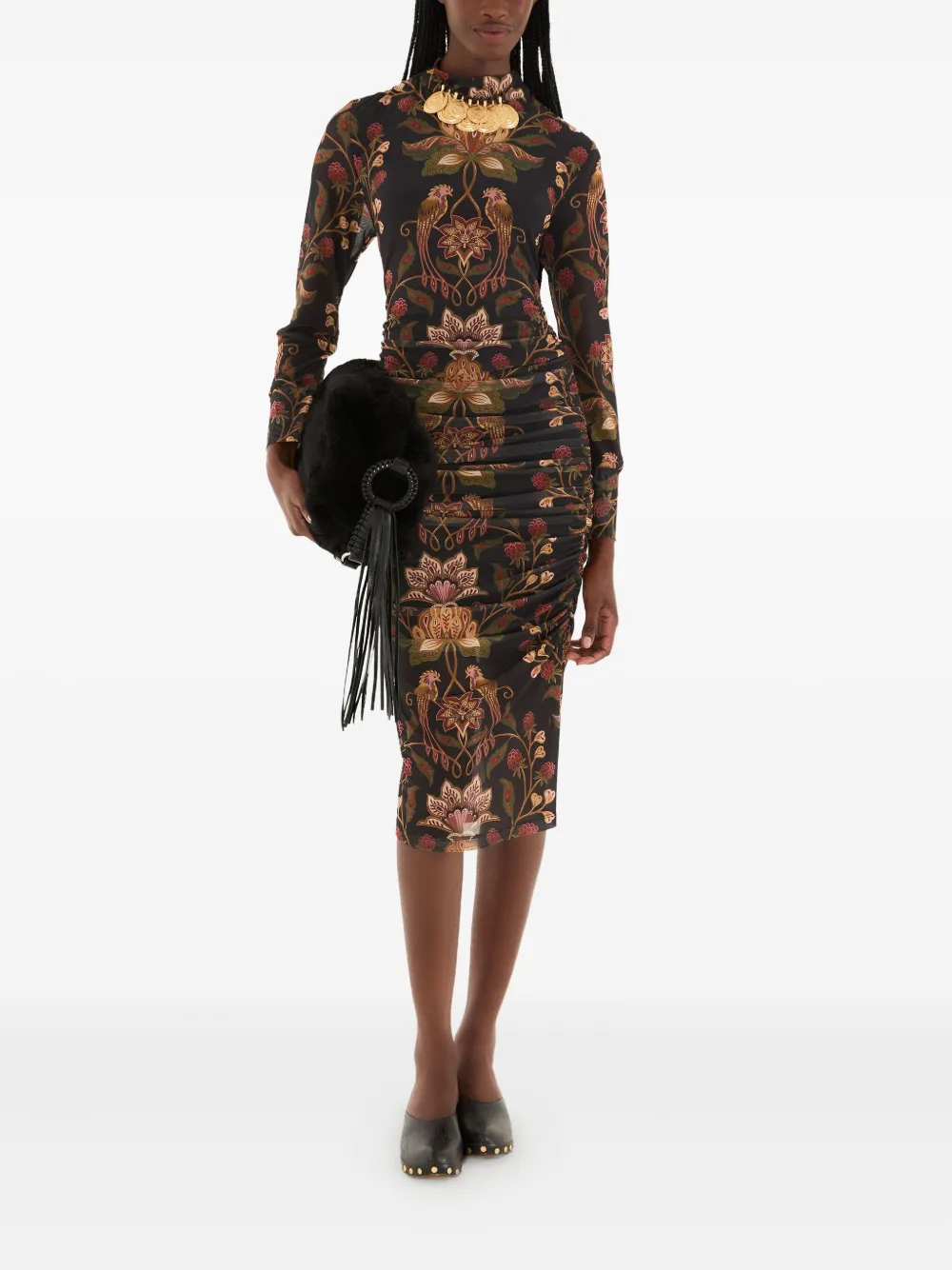 FARM Rio Midi-jurk met bloemenprint en ruches - Zwart