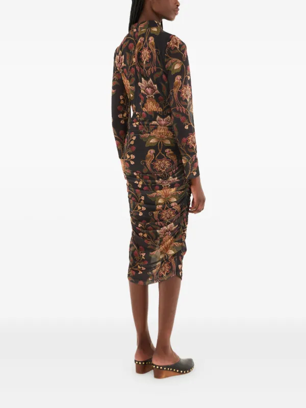 FARM Rio Ruched Floral Midi Dress | Black | FARFETCH GE