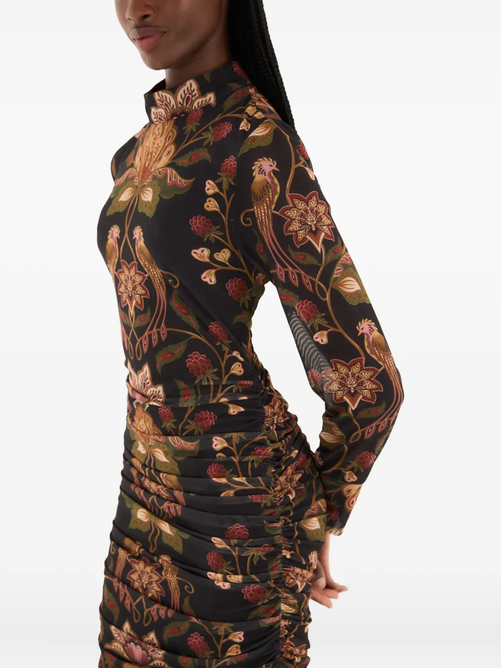 FARM Rio Midi-jurk met bloemenprint en ruches Zwart