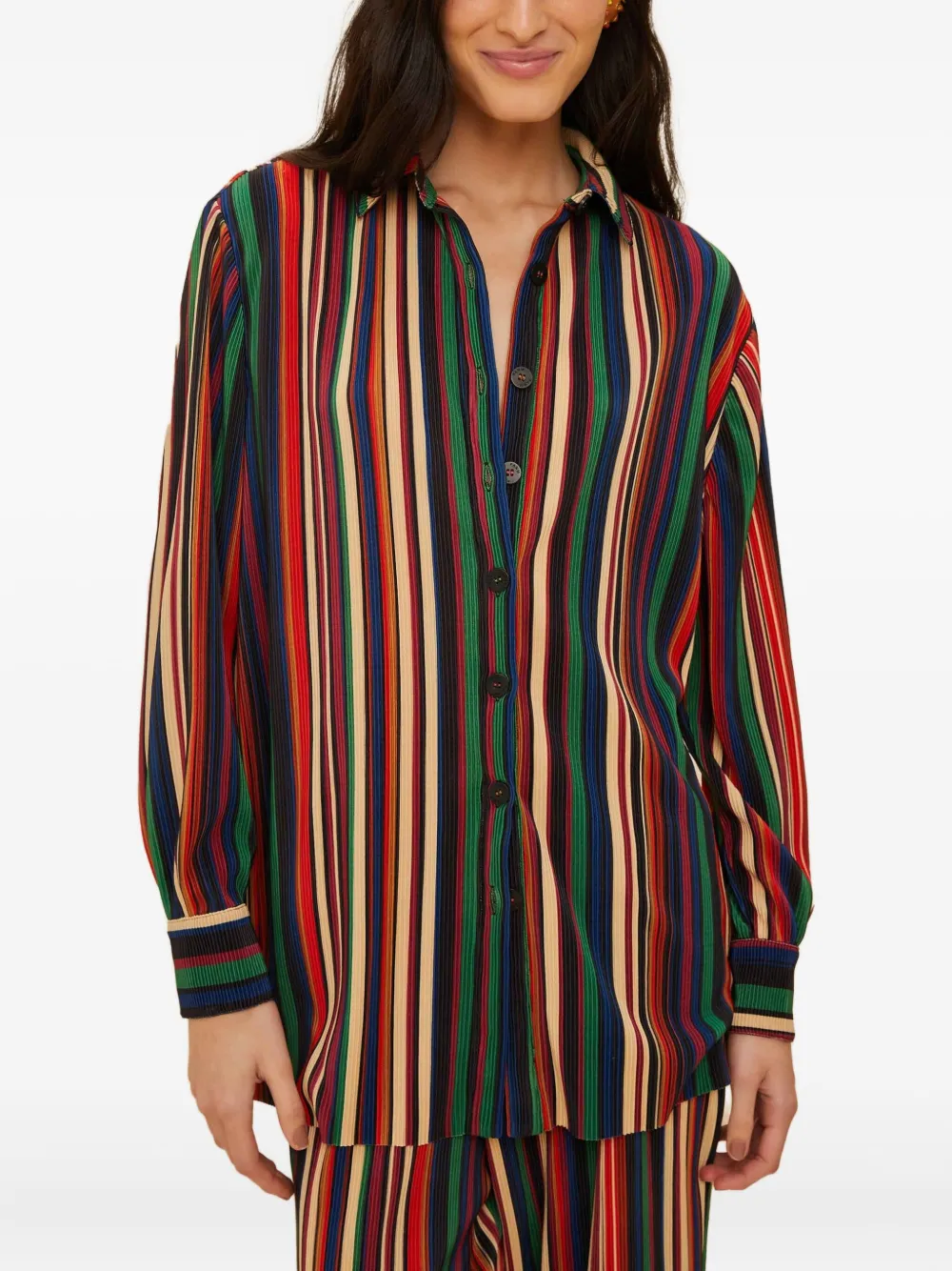Farm Rio Multicolor Pipa Stripes Pleated Shirt In Blue