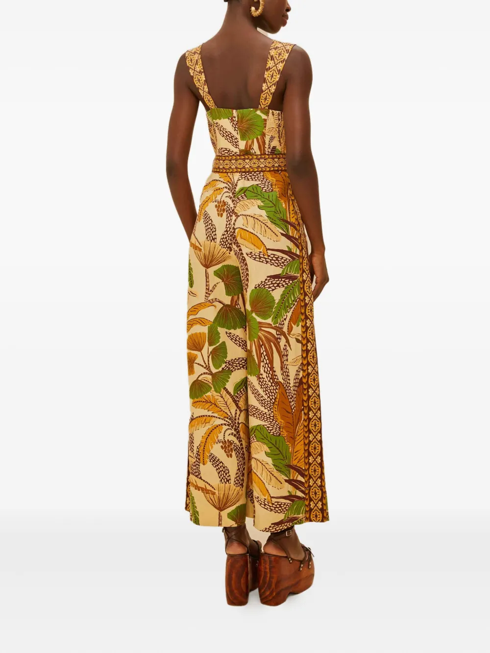 Farm Rio Belted Shirred Printed Linen-blend Jumpsuit In Yellow