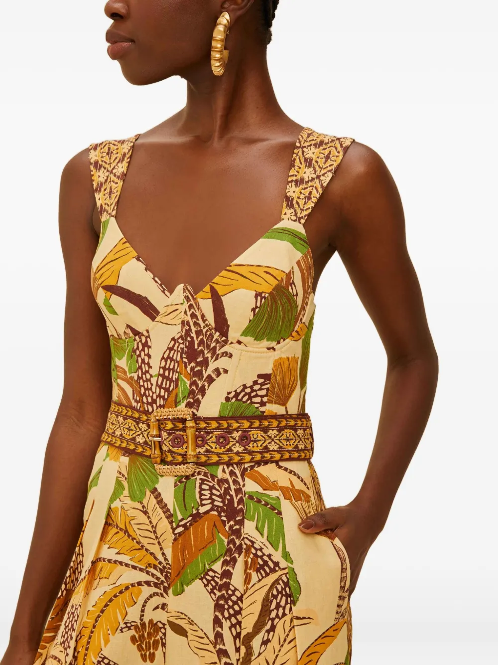 Farm Rio Belted Shirred Printed Linen-blend Jumpsuit In Yellow