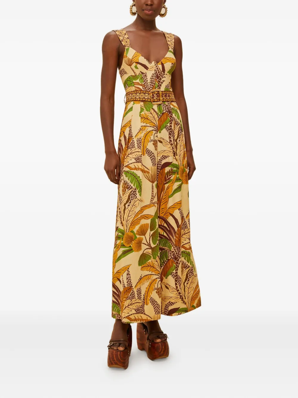 Farm Rio Belted Shirred Printed Linen-blend Jumpsuit In Yellow
