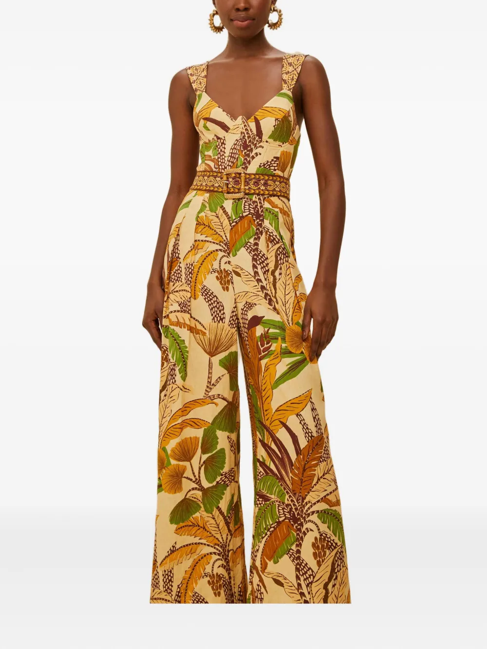 Farm Rio Belted Shirred Printed Linen-blend Jumpsuit In Yellow