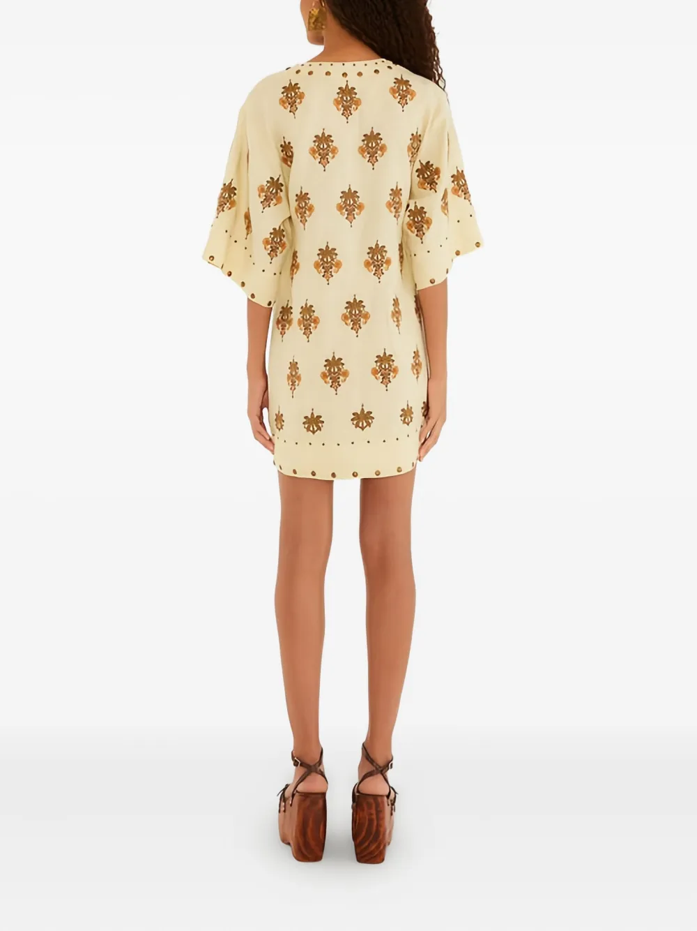 FARM Rio Mini-jurk met studs en palmprint Beige