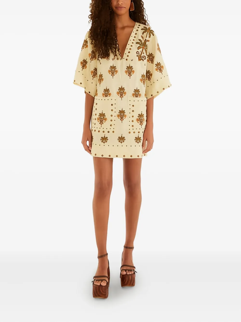 FARM Rio studded palm-print mini dress - Beige
