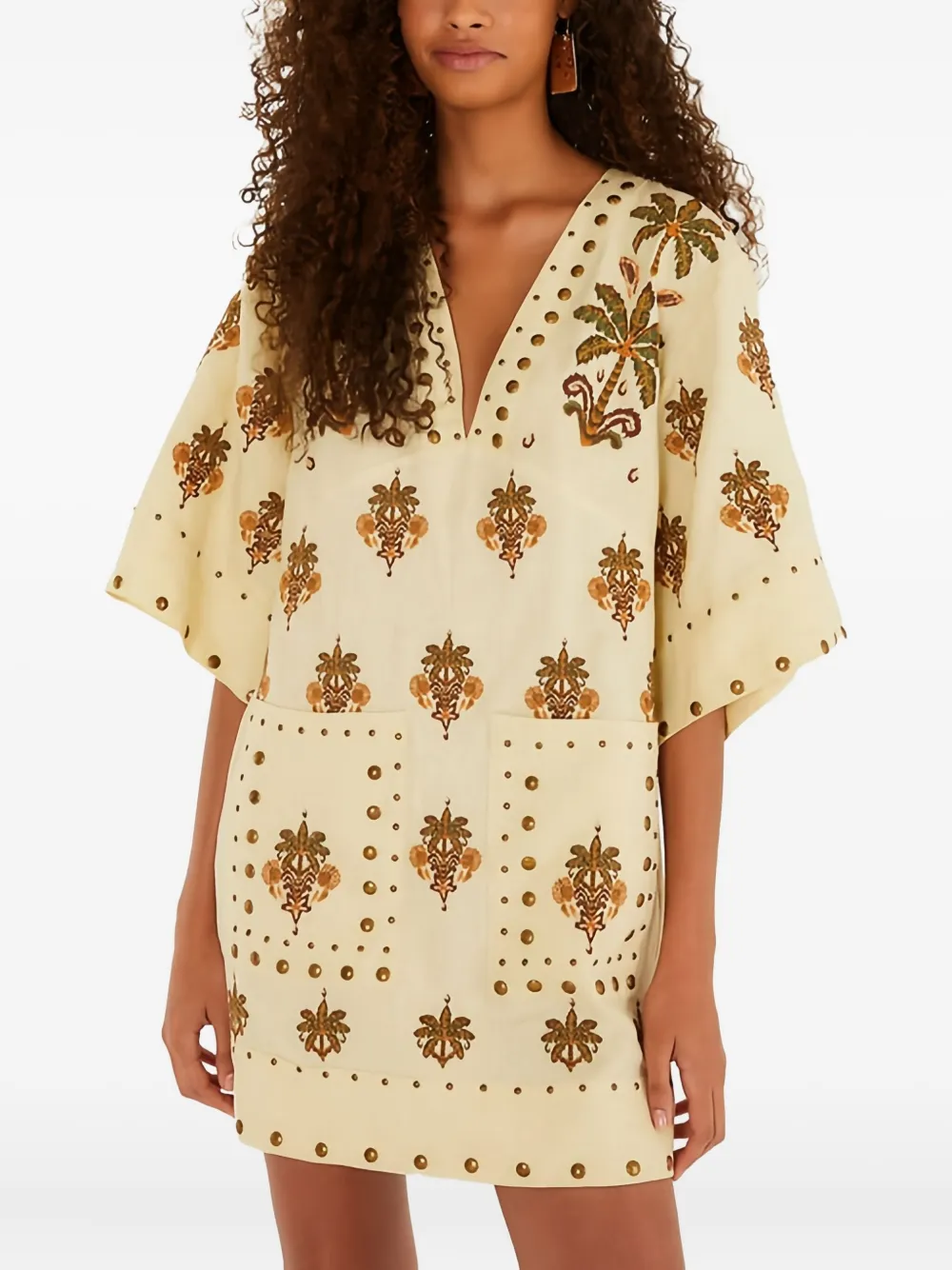 FARM Rio studded palm-print mini dress - Toni neutri