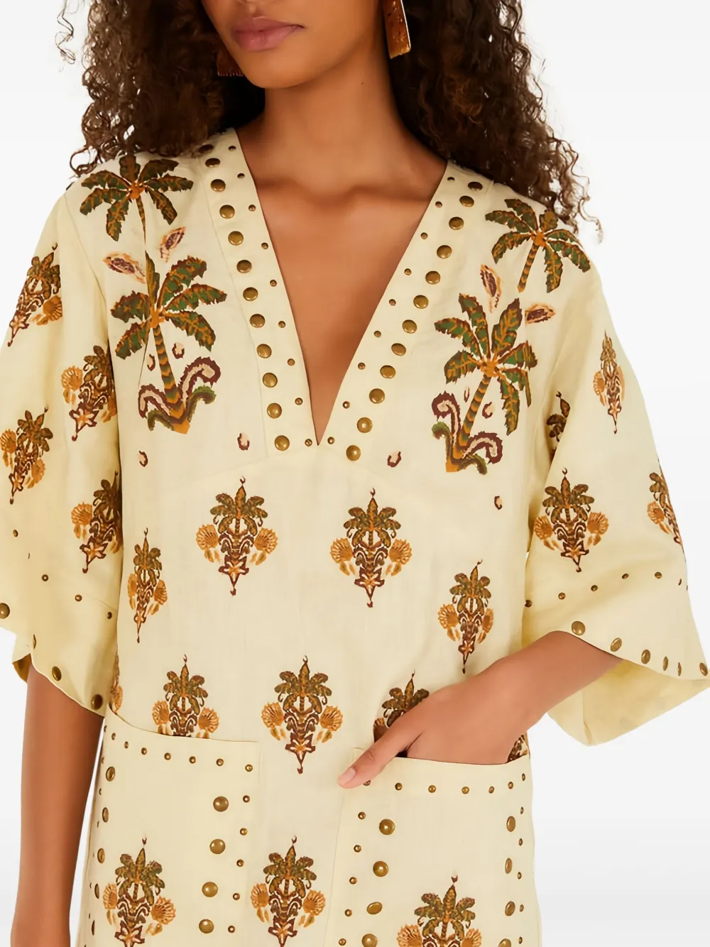 FARM Rio Mini-jurk met studs en palmprint Beige