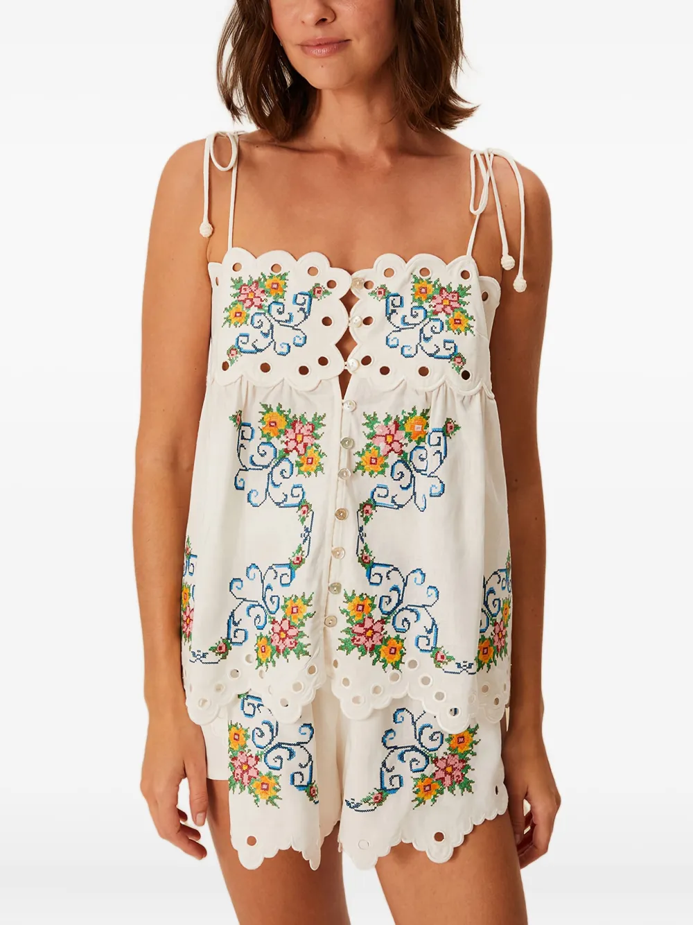 Farm Rio Floral-embroidered Scalloped Shorts In White