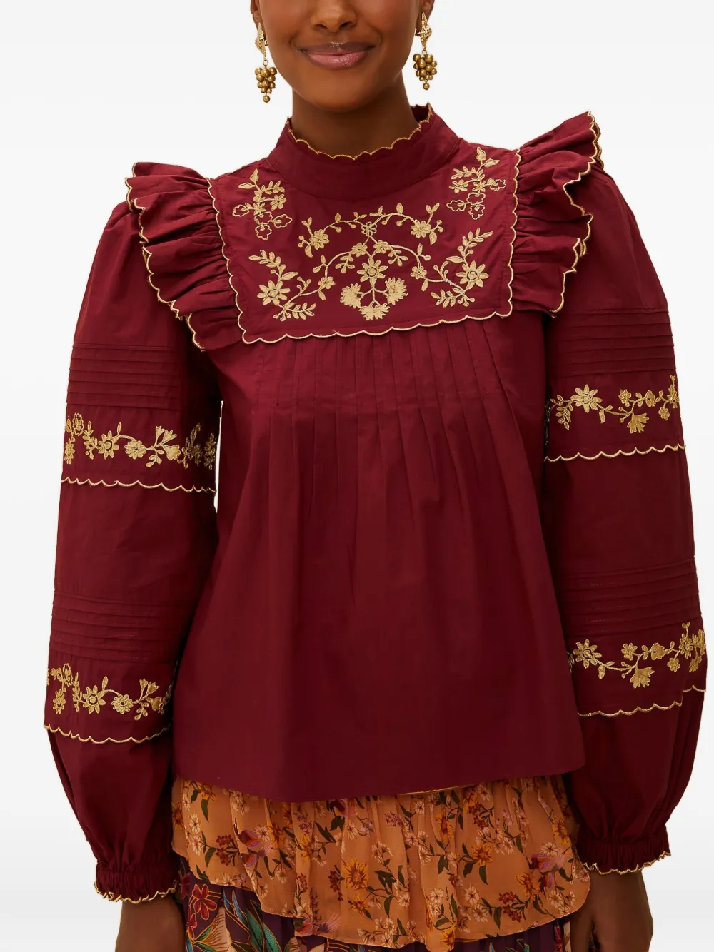 FARM Rio Top met ruches en borduurwerk Rood