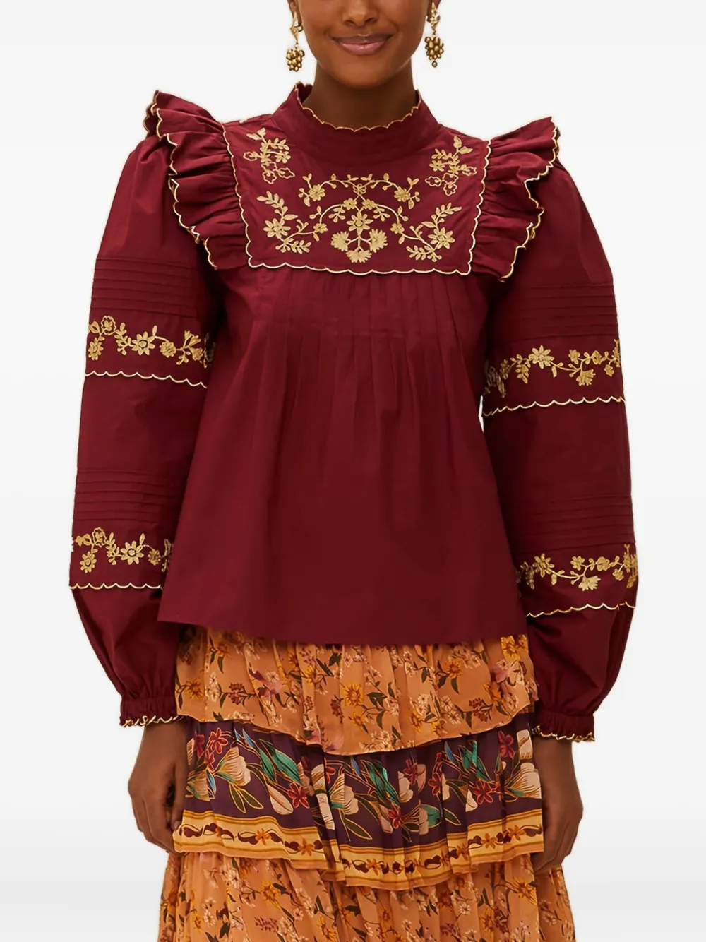 FARM Rio ruffled embroidered top - Rosso