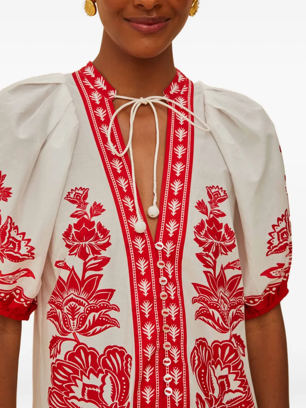 FARM Rio Midi-jurk met pofmouwen en bloemenprint Wit