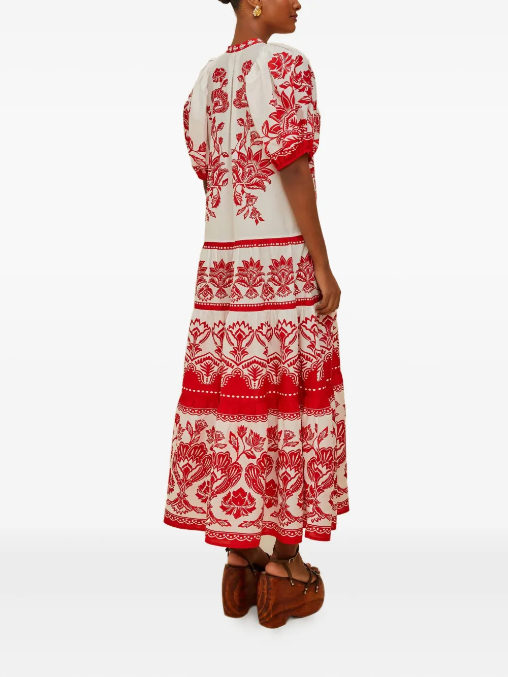 FARM Rio Midi-jurk met pofmouwen en bloemenprint Wit