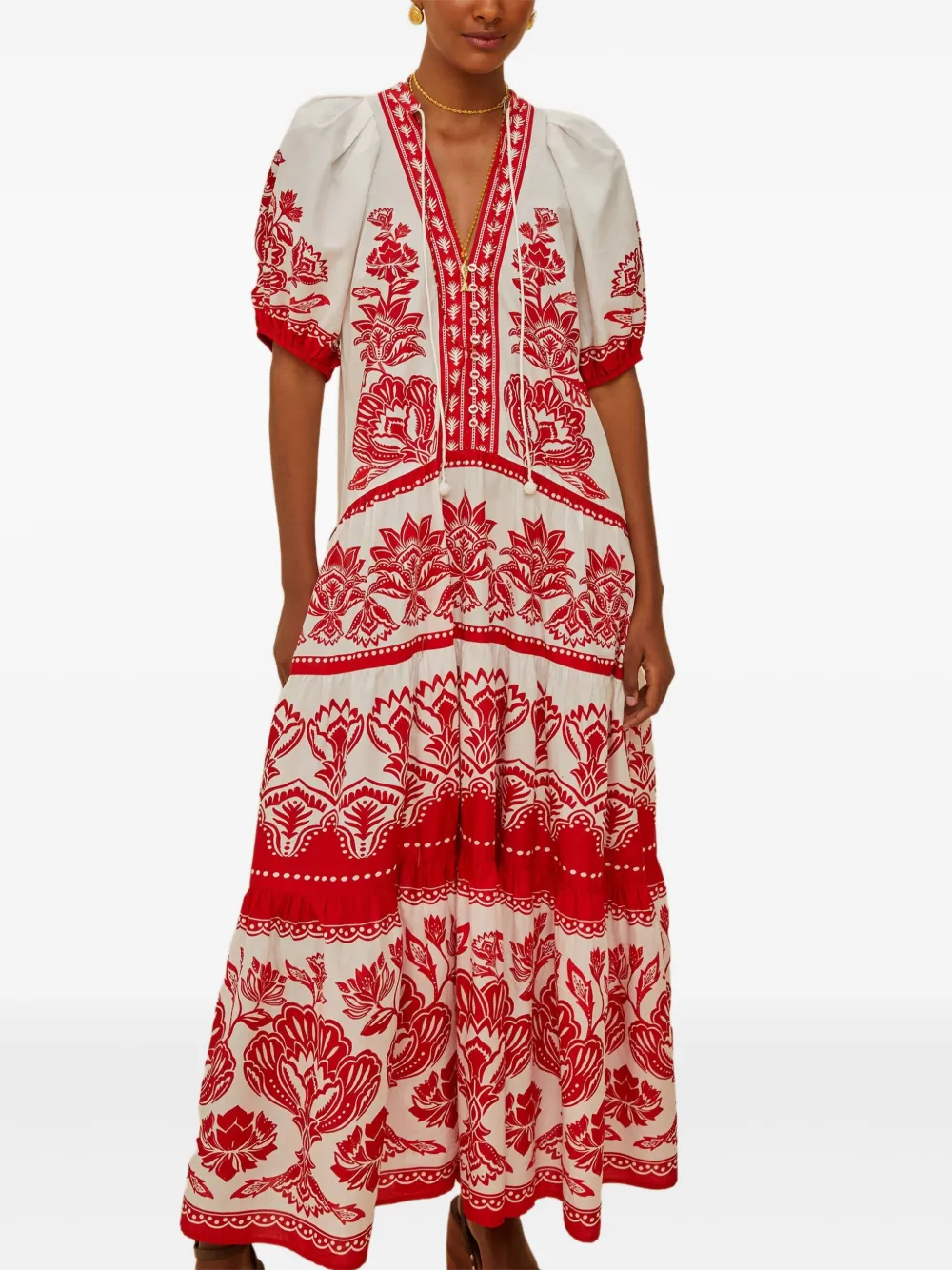 FARM Rio Midi-jurk met pofmouwen en bloemenprint - Wit