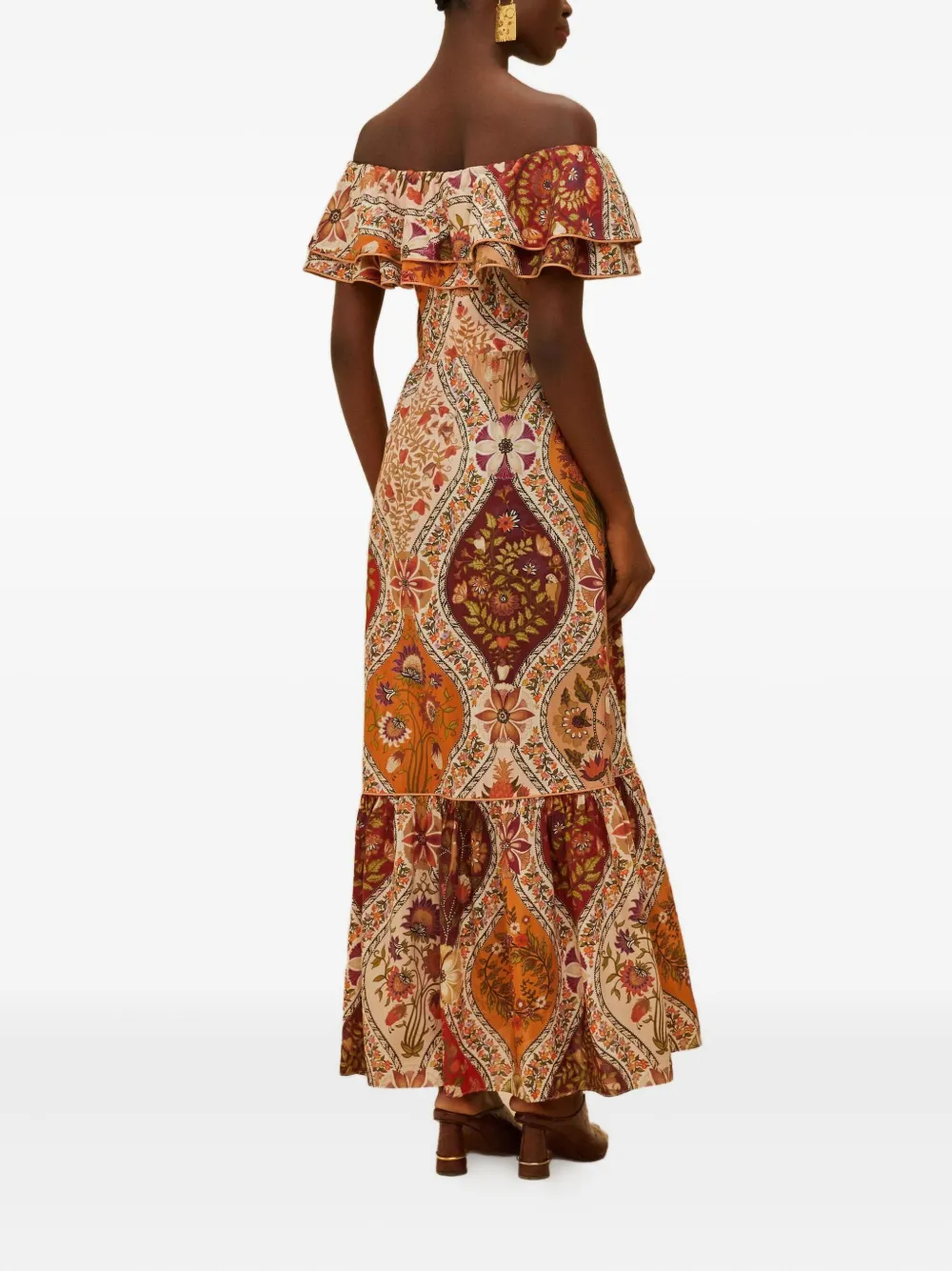 FARM Rio Maxi-jurk met ruches en bloemenprint Oranje