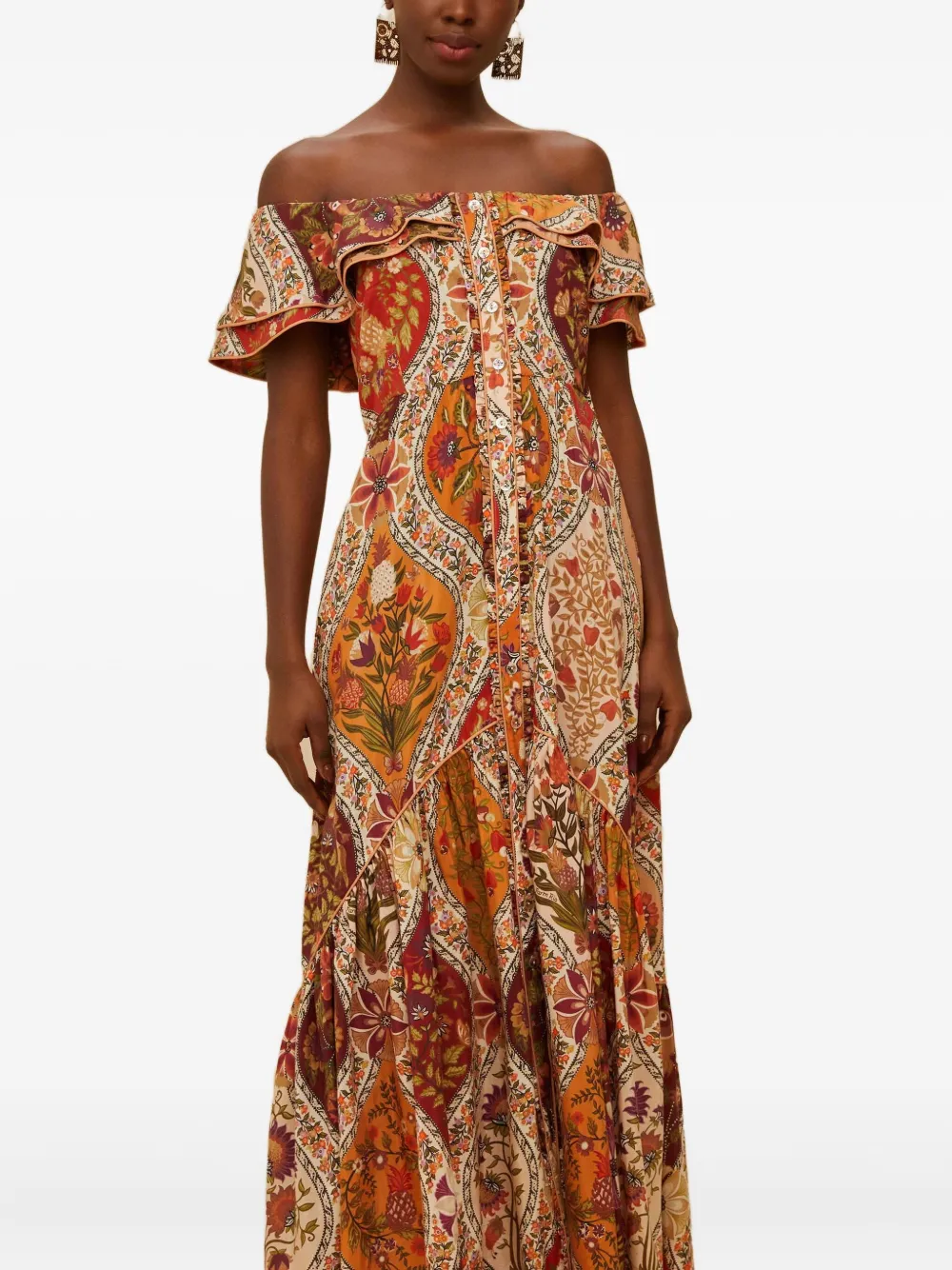 FARM Rio Maxi-jurk met ruches en bloemenprint Oranje