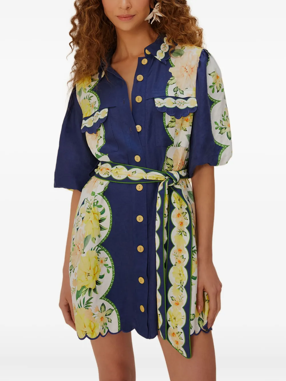 Farm Rio Scalloped Floral Garden Mini Dress In Blue