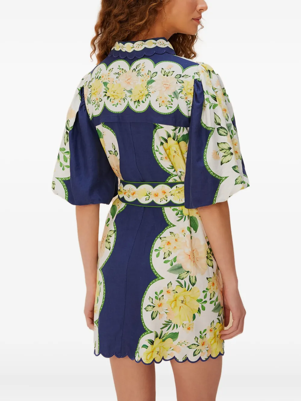 Farm Rio Scalloped Floral Garden Mini Dress In Blue