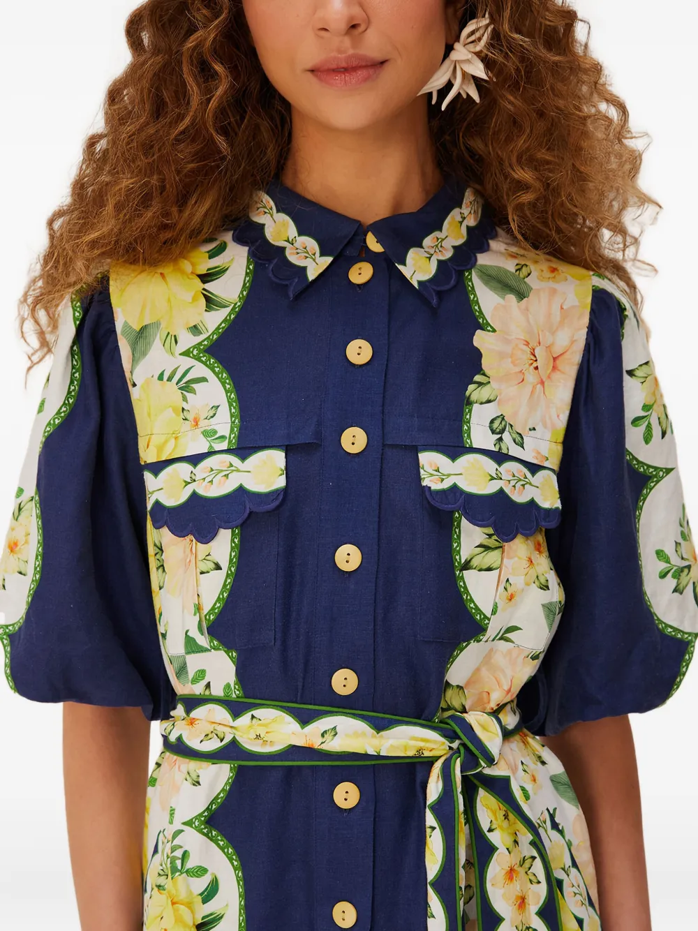 Farm Rio Scalloped Floral Garden Mini Dress In Blue