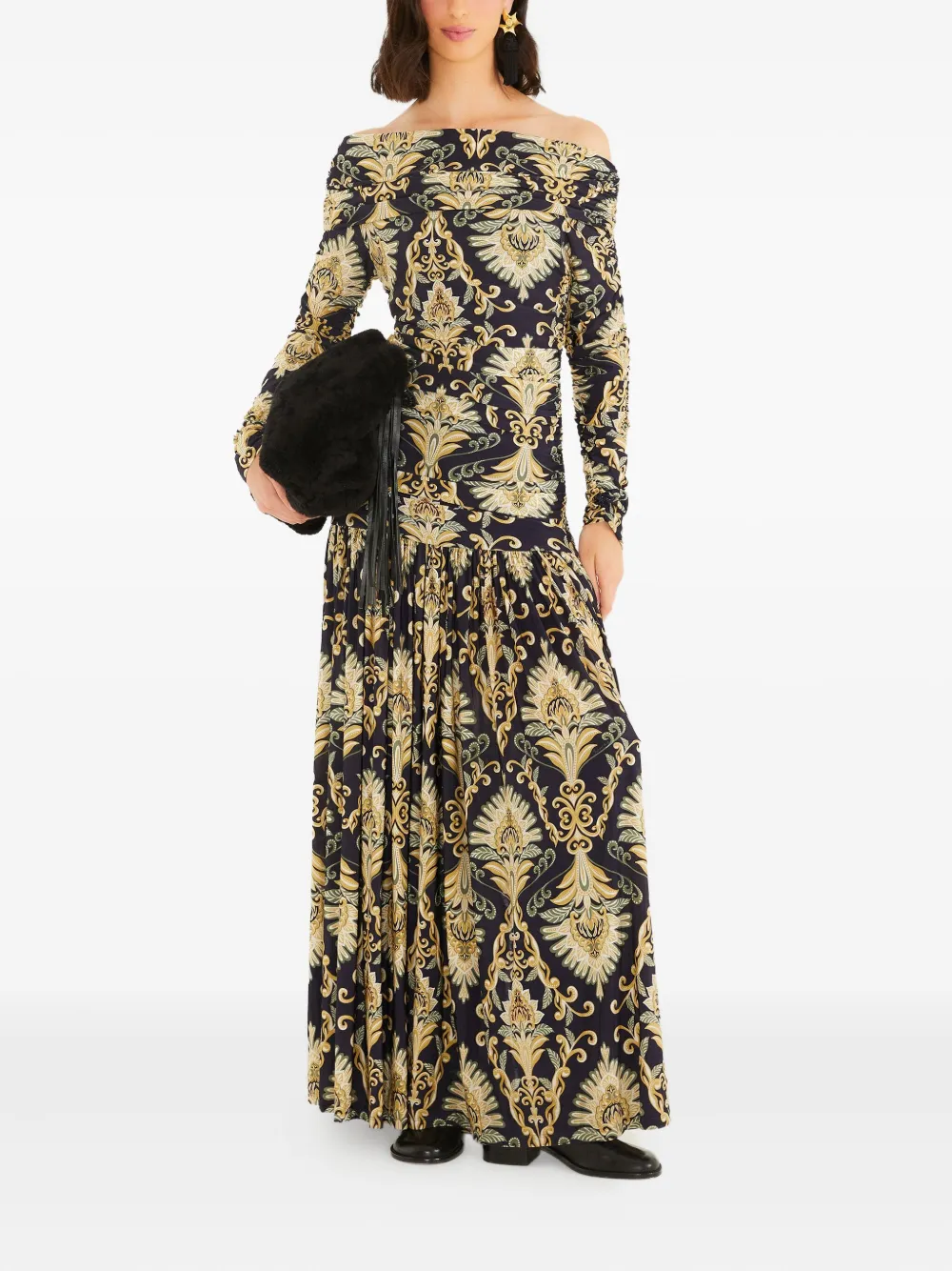 FARM Rio Arabesque off-shoulder maxi-jurk - Zwart
