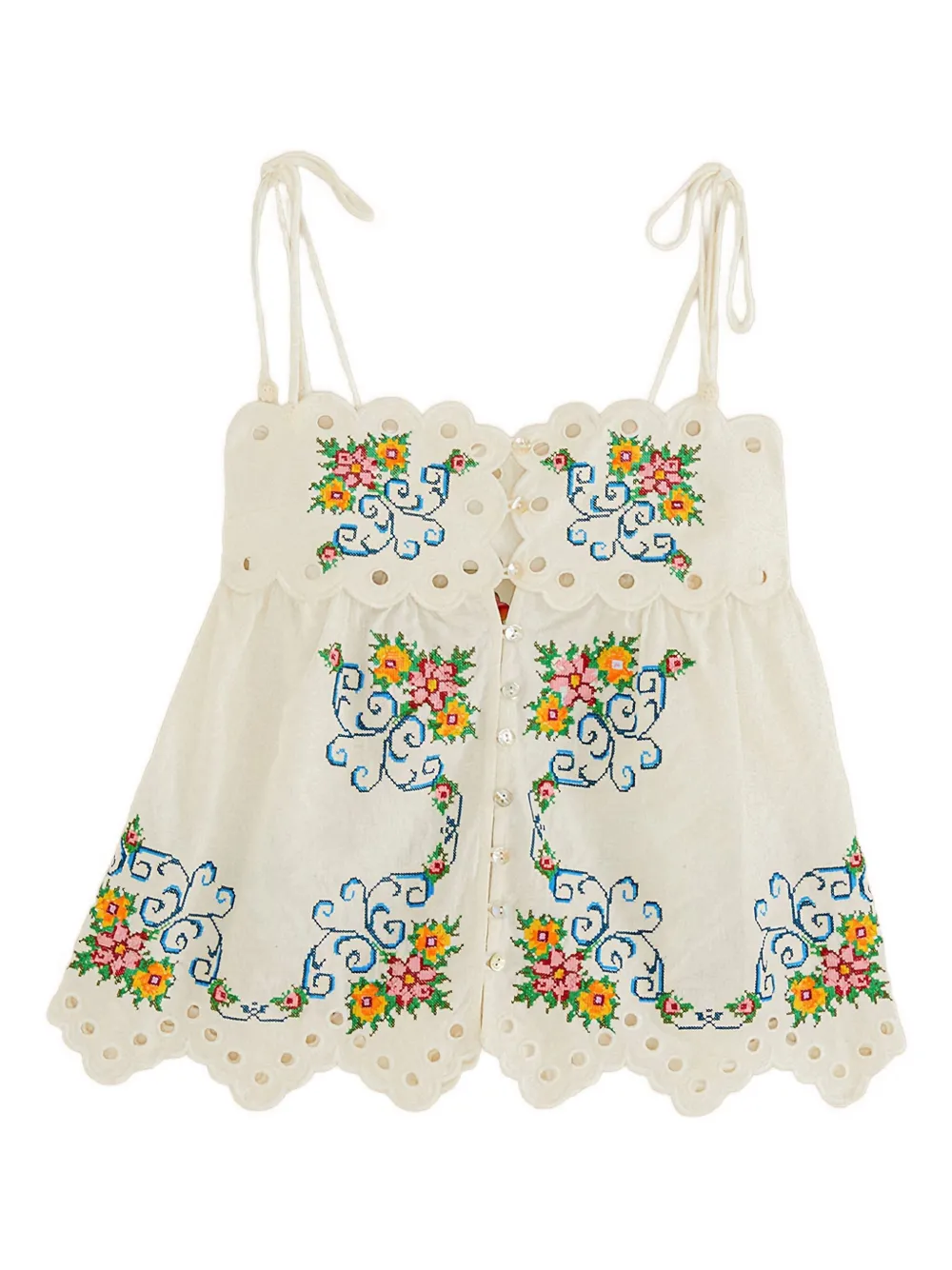 FARM Rio floral-embroidered scalloped top - Bianco