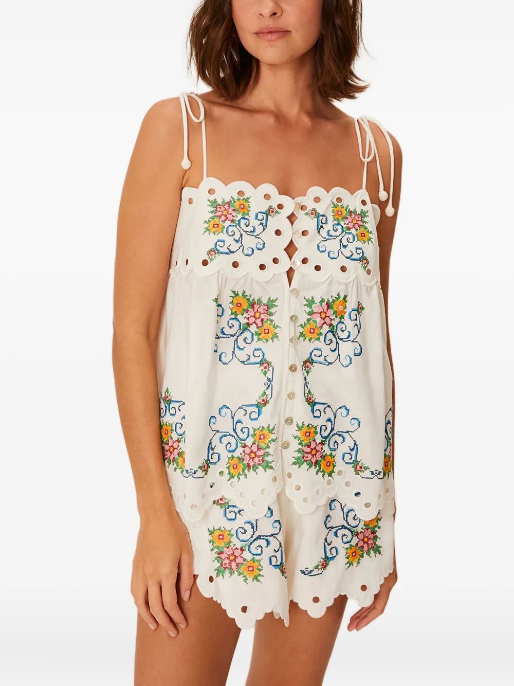 FARM Rio Gewelfde top met geborduurde bloemen - Wit