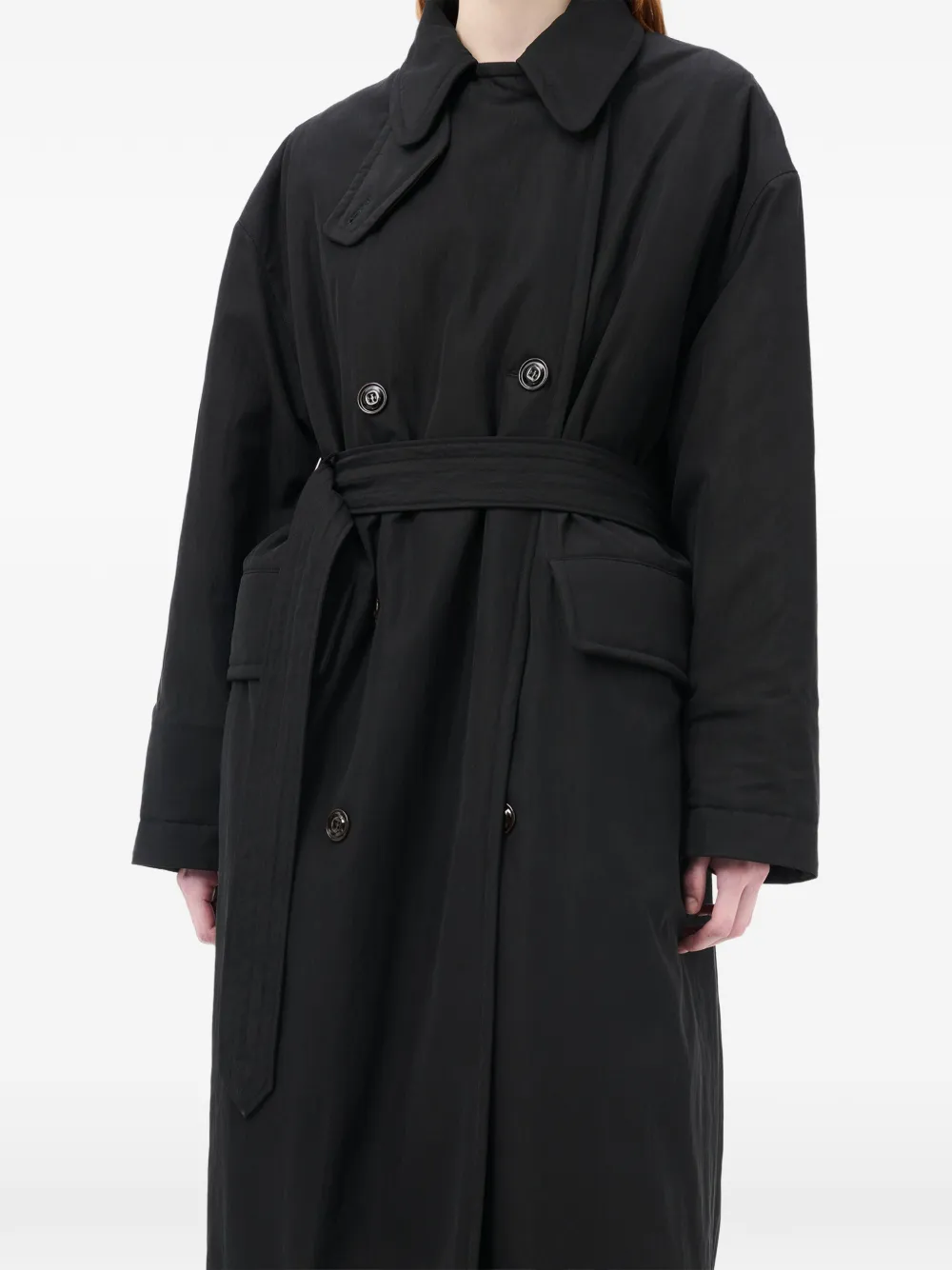 OUR LEGACY Gewatteerde trenchcoat met dubbele rij knopen en ceintuur Zwart